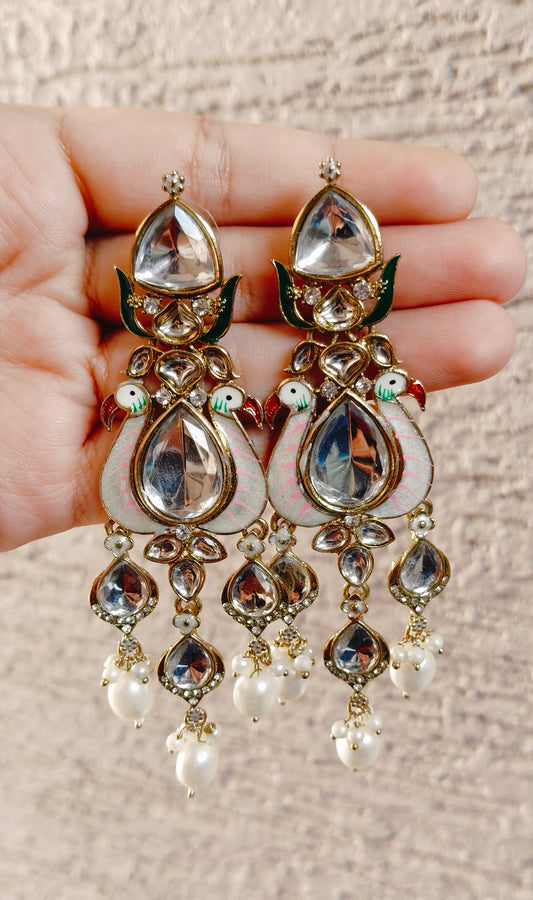 White Pink Kundan Earrings